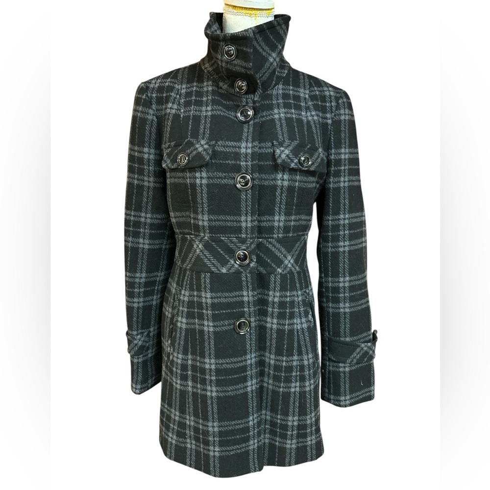 Kenneth Cole Reaction Black & Grey Plaid Wool Blend Winter Dress Coat 2 Preowned
